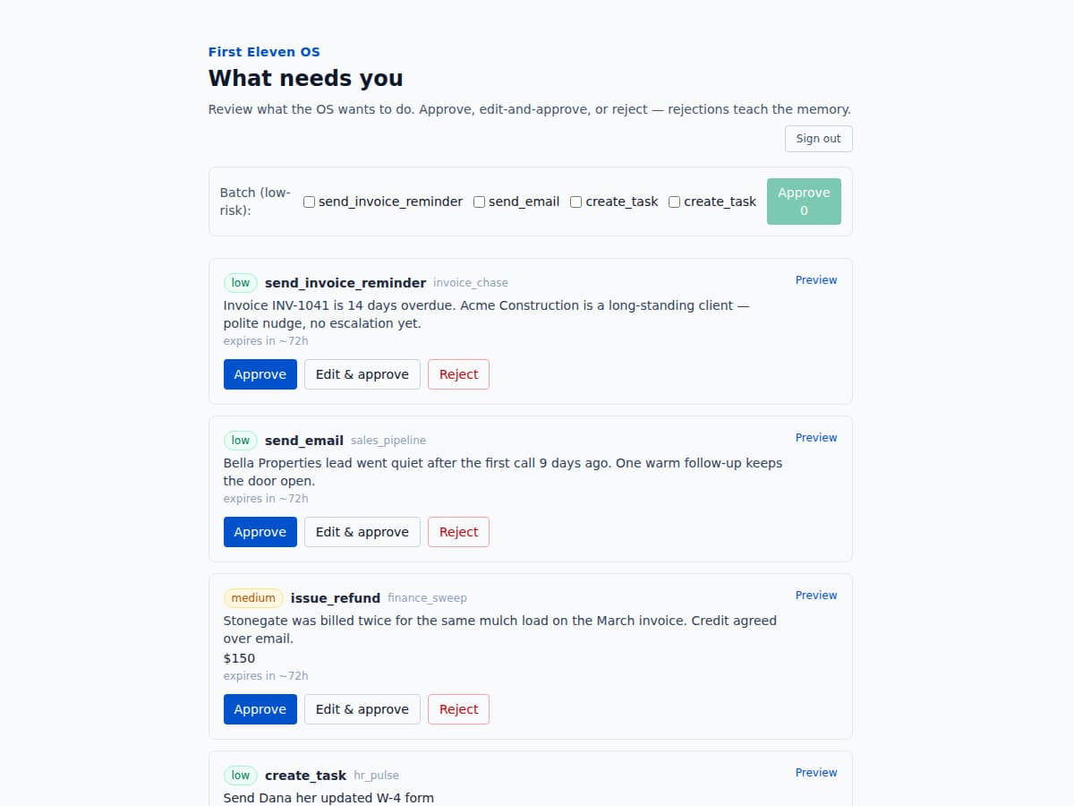 The approvals inbox — every action with a reason, Approve in one tap